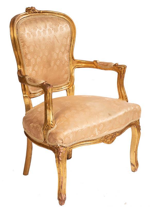 Bergere Armchair: French Empire-style, painted gilt accent, carved mantle 35.5" tall x 25" wide x 21" deep State-wide delivery is available for this item. Please email shipping@vogtauction.com or call 210-822-6155 for 