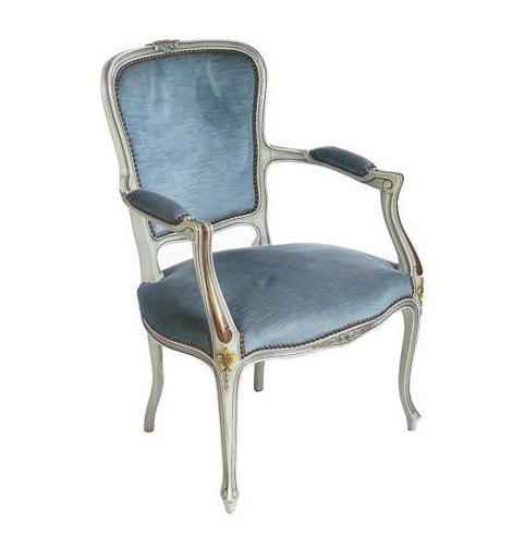 Bergere Armchair: French Empire-style, blue upholstery, white painted base, stud accents, cabriole legs, floral accents on mantle 34" tall x 23" wide x 19" deep State-wide delivery is available for this item. Please em