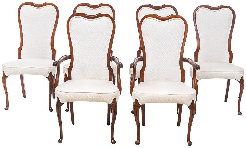 Set of 6 Dining Chairs: White patterned upholstery, arched top, 2-armchairs, open backs, cabriole legs, pad feet. Provenance: A King William, TX Estate 42" tall x 21" wide x 17" deep/ Each Condition: Scuffs to wood, light st