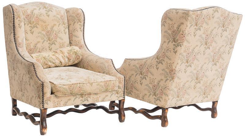 Pair of Bergere Armchairs: French Provincial-style, carved cross stretched legs, floral upholstery, light yellow, studded accents, 2-lumbar pillows Provenance: A Houston, TX Estate 41" tall x 30" wide x 41" deep/ Each State-wid