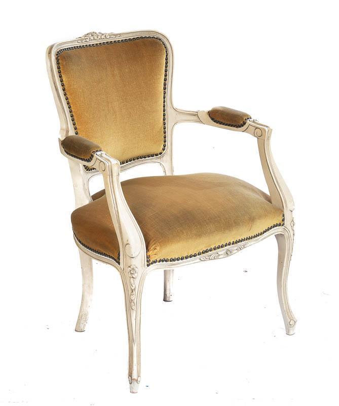 Bergere Armchair: Yellow/green upholstery, floral accents, painted white wooden base, cabriole legs. 33" tall x 23" wide x 19" deep State-wide delivery is available for this item. Please email shipping@vogtauction.com 