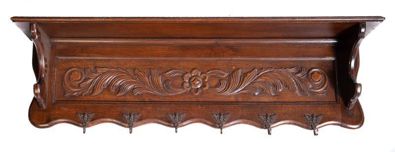 Coat Rack: Heavily carved, figural, putti accents, metal hooks, wall hanging 46" long x 15" tall x 8" deep &