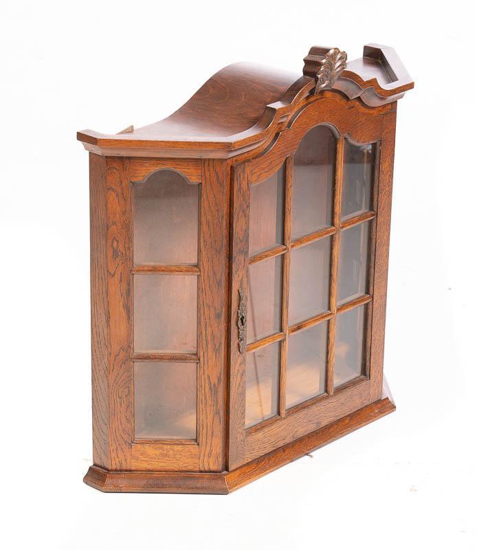 Wall Display Cabinet: Small display cabinet, wall hanging, 15-panes of glass, carved mantle 23" tall x 23" wide x 7" deep State-wide delivery is available for this item. Please email shipping@vogtauction.com or call 210-82