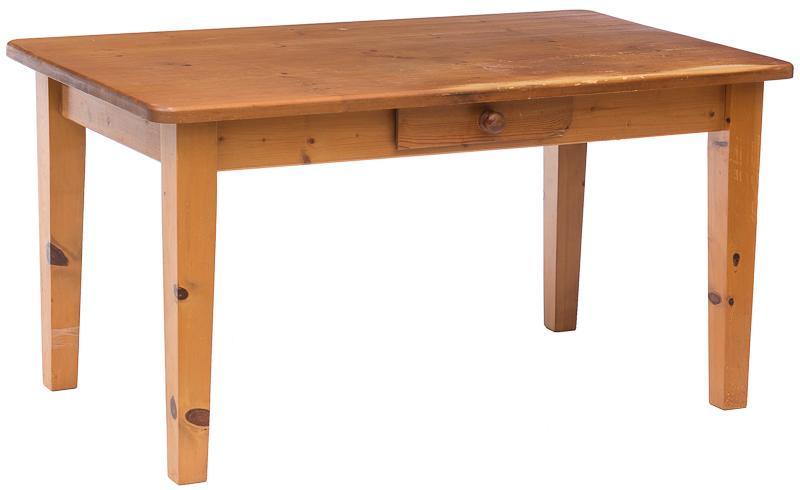 Kitchen Table: Farmhouse-style, simple table, kitchen table, single drawer, wooden drawer pull. 31" tall x 59.5" long x 35.5" wide Condition: Light scuffing to top, losses to finish on edges, scuffs on drawer State-