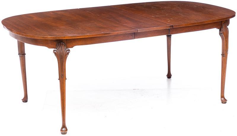 Expandable Dining Table: Cabriole legs, even banding throughout, light scrolling accents, pad feet, 3-loose leaves.& Provenance: A King William, TX Estate 29.5" tall x 64" wide x 24" deep/ Without leaves 29.5" tall x 100" wid