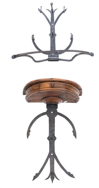 Pair of Wall Racks: Wrought iron hooks, demilune wooden cabinet, single-drawer, wooden drawer pull. 29.5" tall x 28" wide x 12" deep/ Largest Condition: Bent hooks