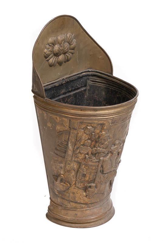 Umbrella Stand: Metal, figural and floral motif Condition: Oxidization 24" tall x 12.5" wide