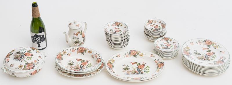 Lot of Approx. 50 Pieces of Wedgewood China: Stamped "Eastern Flowers Wedgewood" servingware, includes small and large plates, coffee pot, serving platters, ect. 10" tall x 12" wide/ Largest State-wide delivery is available for this item. Please