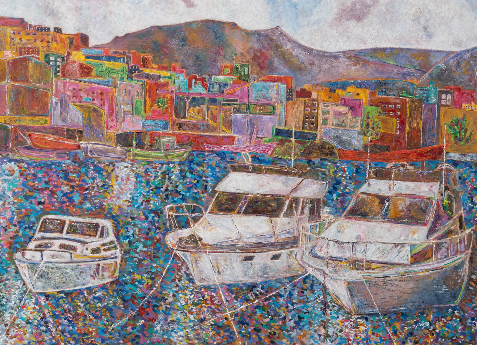 Dorothy Wise, Boats: Signed oil on masonite, framed, boats Measures: sight: 45 x 59.5", frame: 48.75 x 64.75" Condition: Smudge on matting