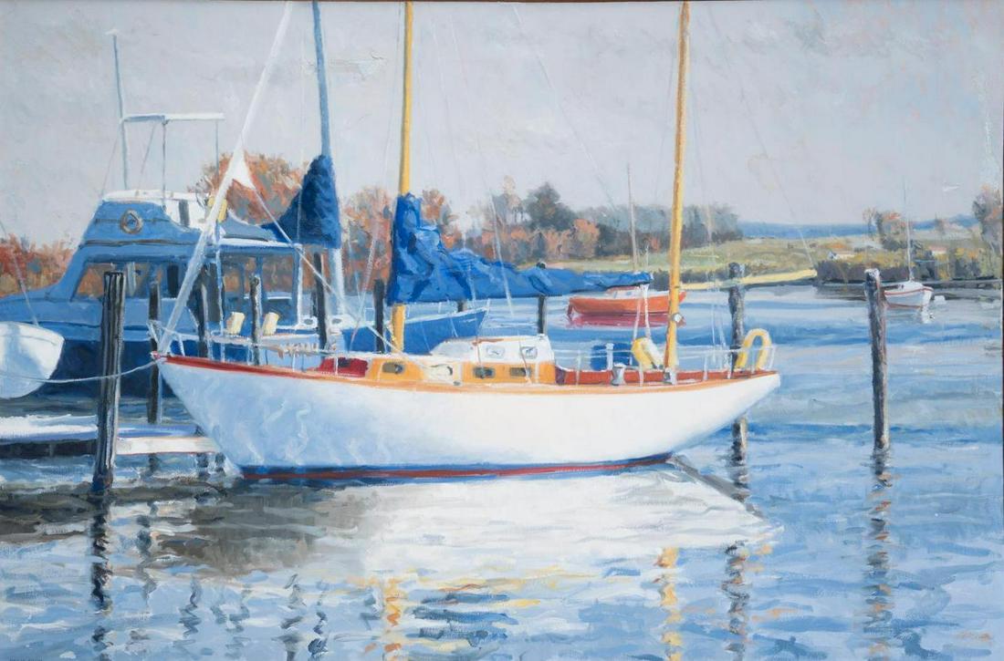 Philip Koch (B. 1948), "The White Yawl": Signed oil on canvas, framed, the white yawl, boats at port Measures: sight: 29.5 x 58.5, frame: 36.75 x 66" Condition: Flaking, bubbling to canvas