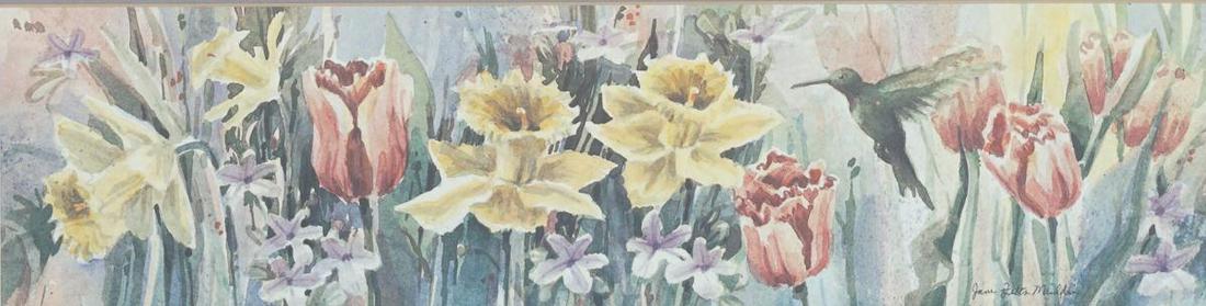 Jane Felts Mauldin (New Braunfels, Texas), Flowers: Lithograph, framed, floral watercolor Measures: sight: 4.75 x 8.75", frame: 13 x 27"