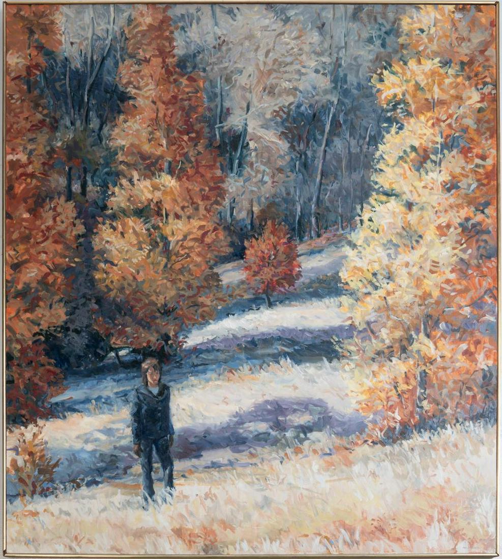 Philip Koch (B. 1948), "Bright October Day", 1983: Signed oil on canvas, unframed, dated 1983, abstract figure on landscape Measures: sight: 54 x 48" , frame: 55 x 48.75" Condition: Losses to paint