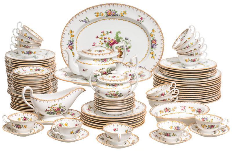 Lot of Spode China, Appx. 100 Pc.: Provenance: The Majestic Theater Penthouse, Downtown San Antonio, Texas Stamped "Spode Copeland China England", "Peplow"-style, approx. 100 pieces of serving ware china, plates tea cups, platters, ect
