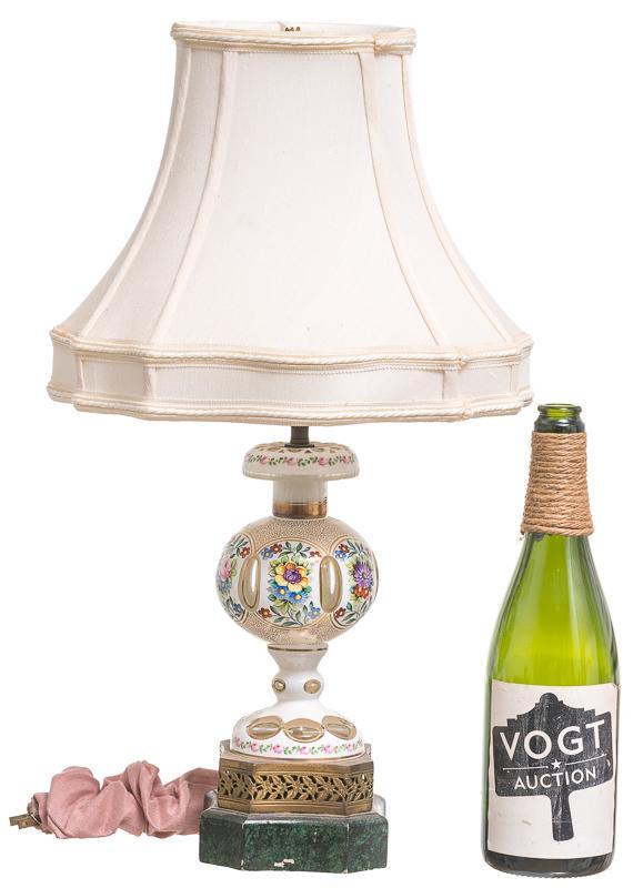 Italian Glass Lamp: Provenance: The Majestic Theater Penthouse, Downtown San Antonio, Texas Painted glass body, floral motif, metal and plaster base, with off white shade 22" tall x 12" wide