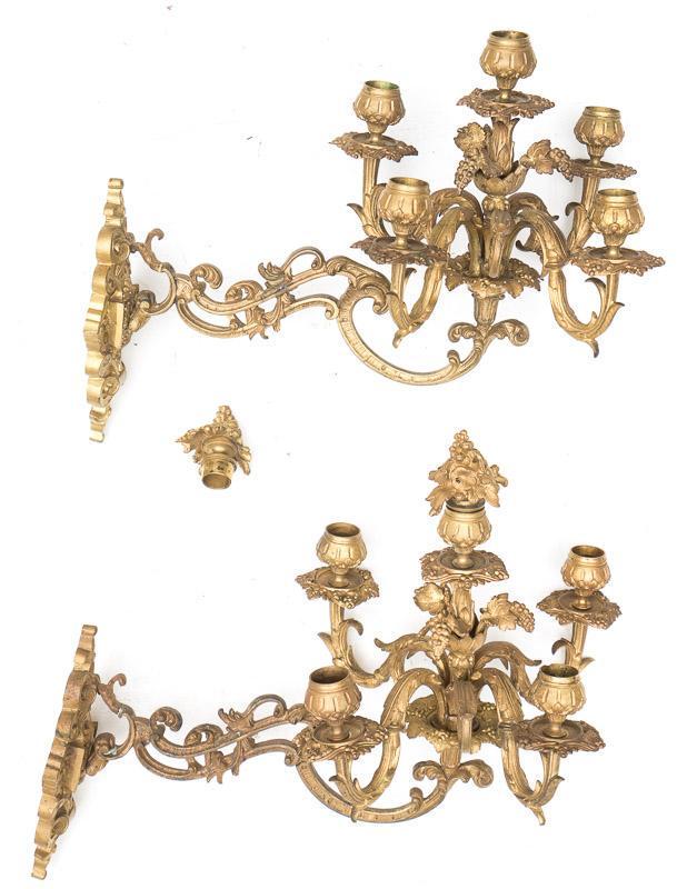 Pair of Wall Sconces: Louis XV-style, circa 1910, candelabra, gilt accents 12” tall x 16” wide