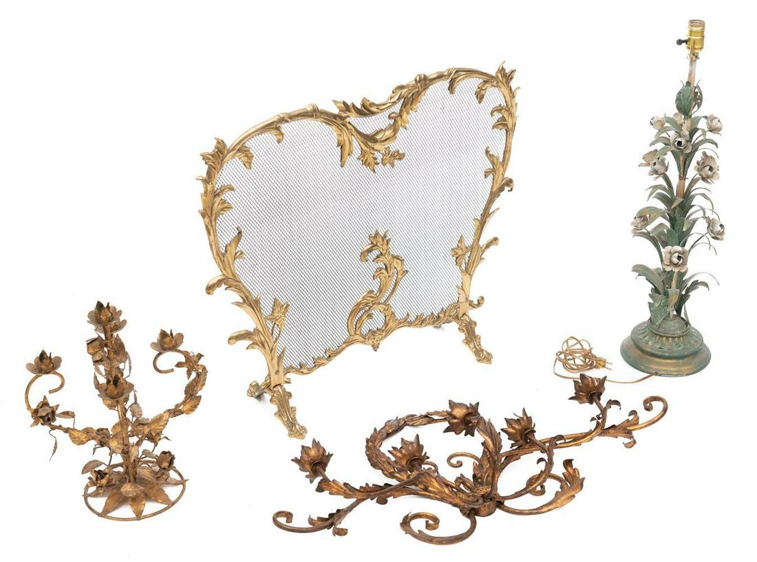 Lot of 4 Decorative Home Goods: Includes lamp, fireplace screen, candelabras, French Empire-style decor 25" tall x 28" wide