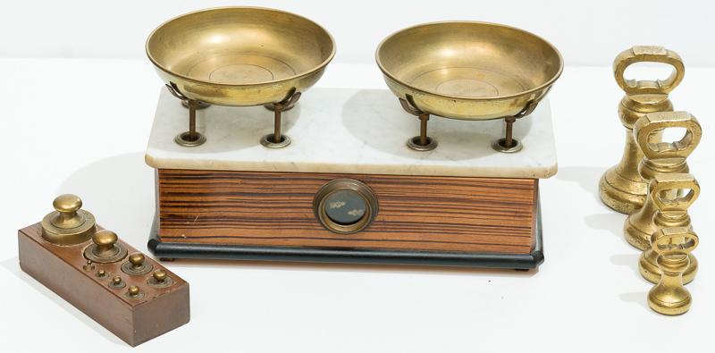 Marble Top Scale: Provenance: A Shavano Park, TX Estate White marble, copper cups, includes small weights 9" tall x 16" wide