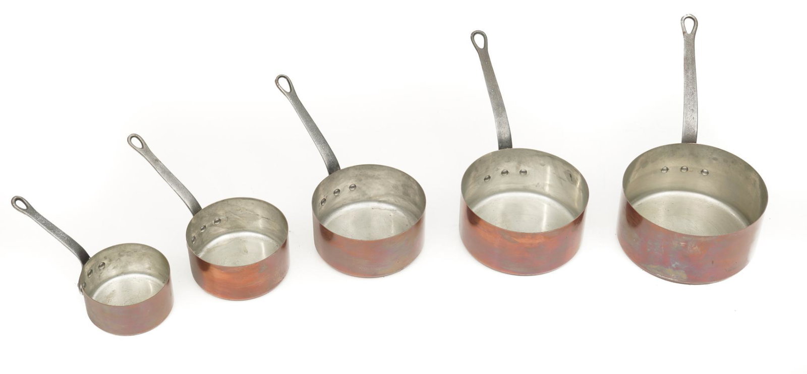 Lot of 5 Copper Pots: Rustic copper cooking pots, metal handles 16" long/ Largest