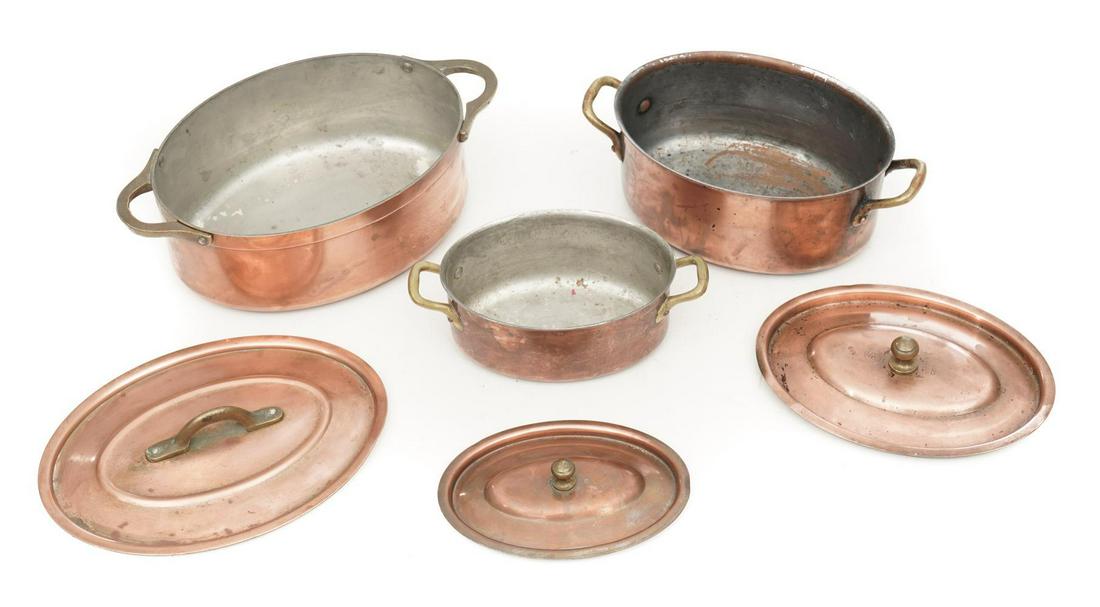 Lot of 3 Copper Pots: Rustic copper cooking pots, with lids 4" tall x 12" wide/ Largest
