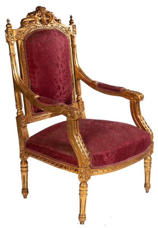 Bergere Armchair: French Empire-style, painted gilt accent, carved mantle 43.5” tall x 26.5” wide x 22.5” deep State-wide delivery is available for this item. Please email shipping@vogtauction.com or 