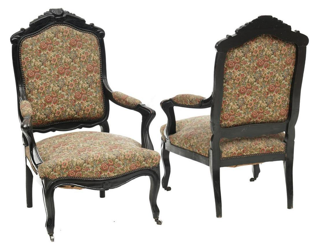 Pair of Chairs: French Provincial-style, bergere bedroom chairs, floral tapestry motif 41" tall x 25" deep x 21" wide State-wide delivery is available for this item. Please email shipping@vogtauction.com or call 210-