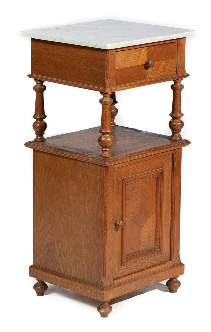 Marble Top Nightstand: Henri II-style, circa 1880, white marble, single-drawer, single-door, wooden woor pulls 34.5” tall x 16.5” wide x 15” deep State-wide delivery is available for this item. Please emai