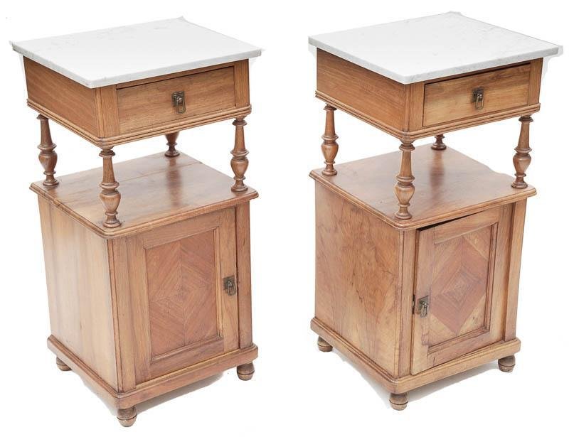 Pair of Marble Top Nightstands: Louis XVI-style, circa 1880, white marble, single-drawer, single-door, metal drawer pulls 32” tall x 16” wide x 14.5” deep State-wide delivery is available for this item. Please email shipping@v