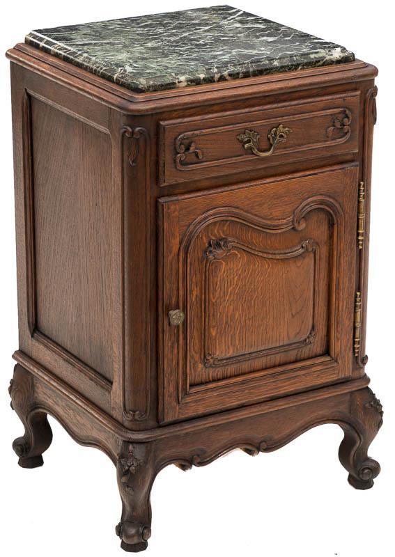 Marble Top Side Table: Louis XV-Style Walnut Nightstand, circa 1880, black and white marble 28" tall x 18" wide x 15" deep State-wide delivery is available for this item. Please email shipping@vogtauction.com or call 210-82