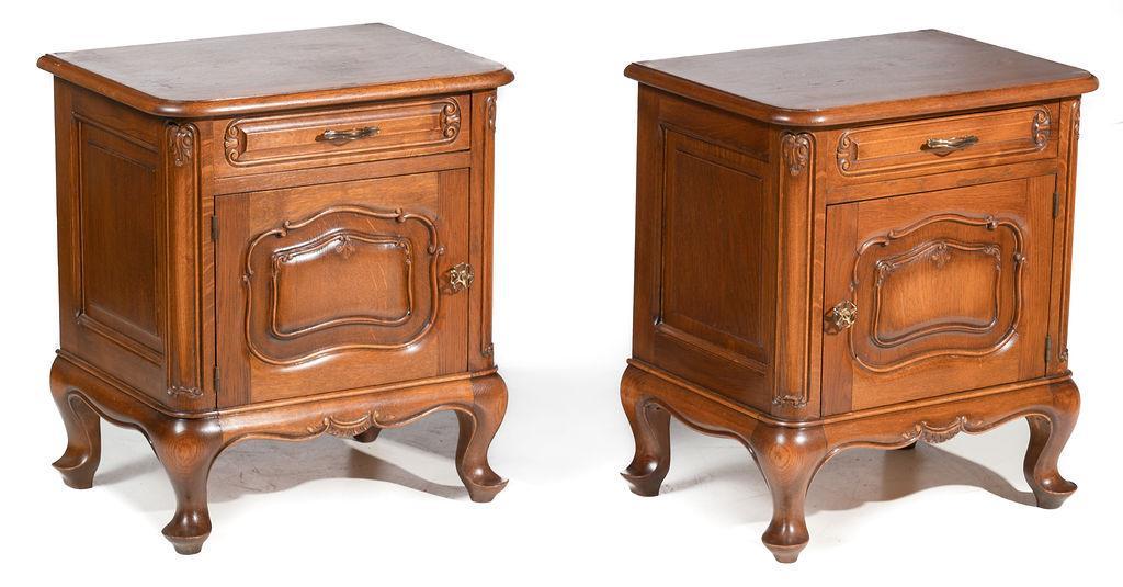 Pair of Nightstands: English Arts & Crafts-style, circa 1880, single-door, single-drawer, metal drawer pulls 23.5” tall x 21” wide x 15.5” deep/ Each State-wide delivery is available for this item. Pleas