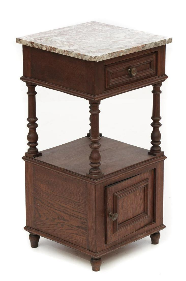 Marble Top Nightstand: Brown and tan marble, single-door, single-drawer, metal drawer pulls 32.5" tall x 15.5" wide x 15.5" deep State-wide delivery is available for this item. Please email shipping@vogtauction.com or call 