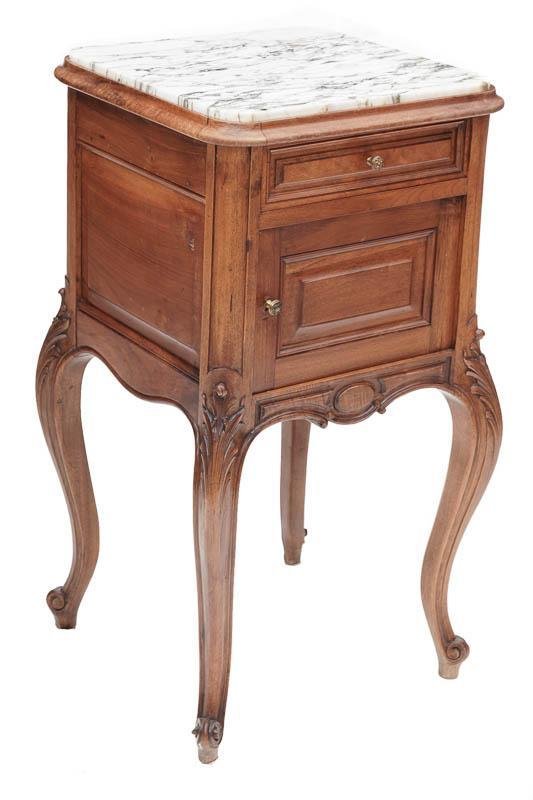 Marble Top Nightstand: Louis XV-style, circa 1890, white and grey marble, single-door, single-drawer, metal drawer pulls 32.5” tall x 18” wide x 17” deep State-wide delivery is available for this item. Please email sh