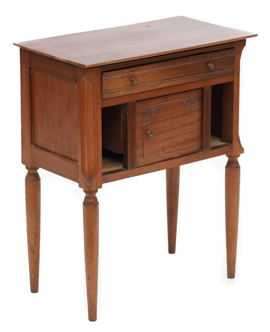 Nightstand: Rustic nightstand, single-door, single-drawer, metal drawer pulls, carved accents 31.5" tall x 25.5" wide x 14" deep Condition: Damage to door State-wide delivery is available for this item. Please em
