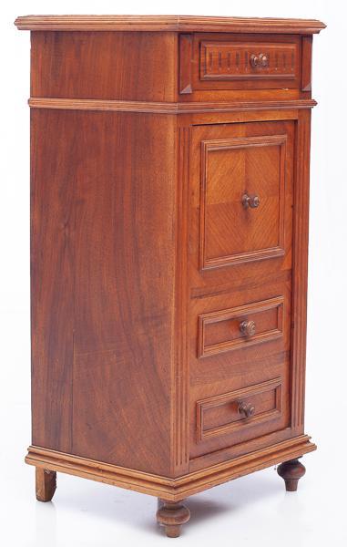 Marble Top Nightstand: Provenance: An Alamo Heights, TX Estate Louis Philippe-style, red marble, 4-drawers, wooden drawer pulls, carved accents 33" tall x 16" wide x 14" deep State-wide delivery is available for thi