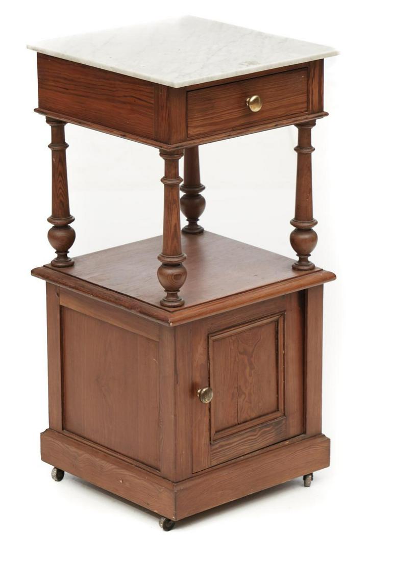 Marble Top Nightstand: White marble, single-door, single-drawer, metal drawer pulls, on casters 31.5" tall x 15.5" wide x 15.5" deep Condition: Damage to casters State-wide delivery is available for this item. Please email 
