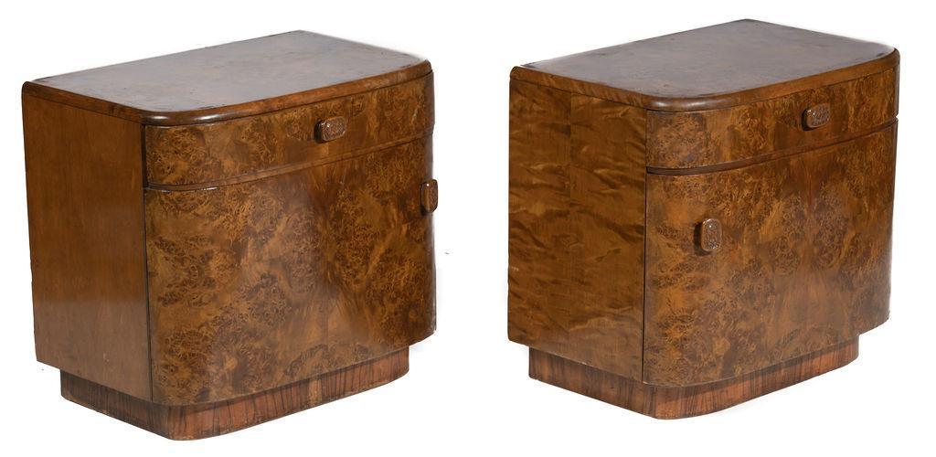 Pair of Nightstands: Art deco-style, circa 1910, single-drawer, single-door, wooden drawer pulls 21” tall x 23” wide x 16” deep State-wide delivery is available for this item. Please email shipping@vogta