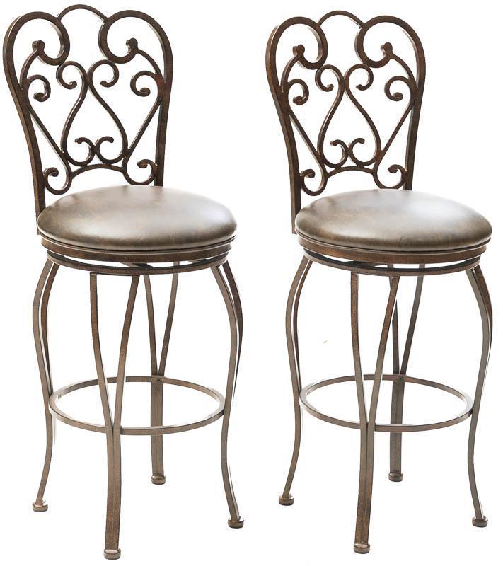 Pair of Bar Stools: Wrought iron base, scrolled accents, faux leather seats 46" tall x 18" wide State-wide delivery is available for this item. Please email shipping@vogtauction.com or call 210-822-6155 for a quote. IN-H