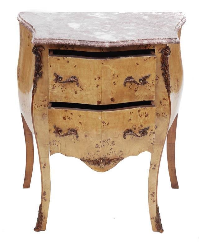 Ormolu Bombe Chest: Red and tan marble, gilt accents, 2 drawers, cabriole legs, metal drawer pulls. 31” tall x 43” wide x 19.5” deep State-wide delivery is available for this item. Please email shipping@vogtauction