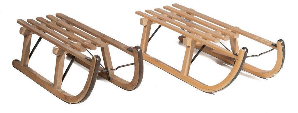 Pair of Rustic Sleds: Pair of rustic wooden sleds, circa 1910 11” tall x 36” long x 14” wide/ Largest State-wide delivery is available for this item. Please email shipping@vogtauction.com or call 210-822-