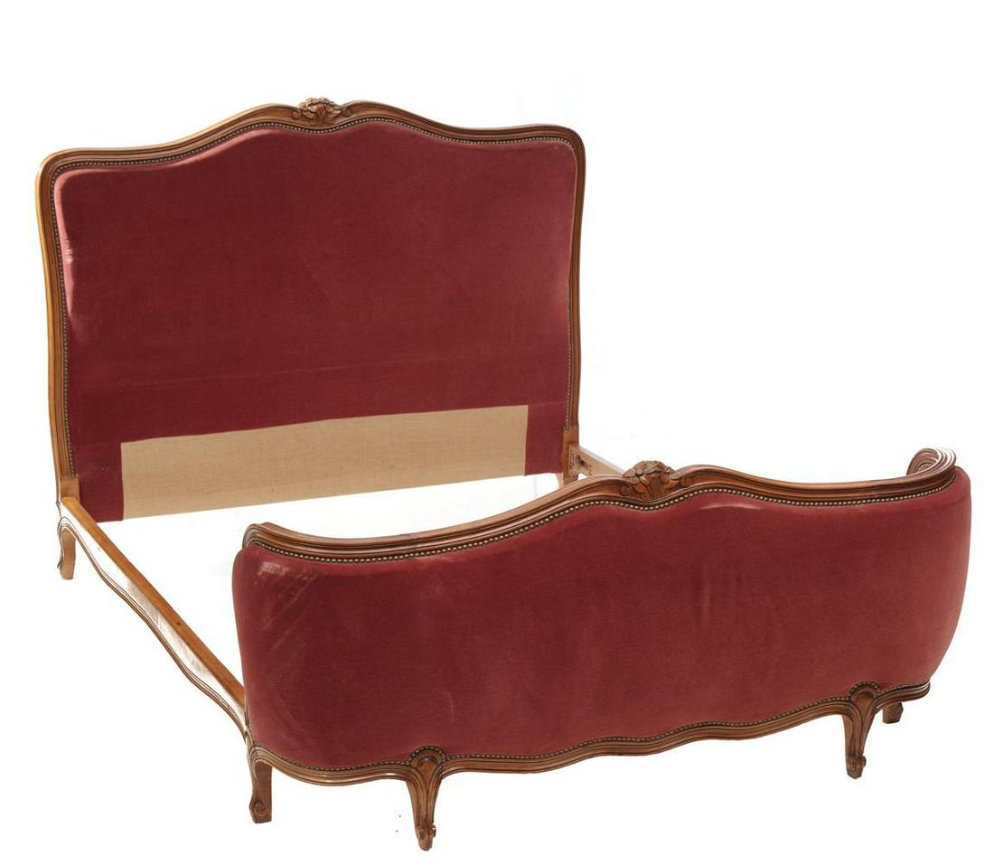 Louis XV-Style Bed: Louis XV-style, circa 1890, velvet upholstery on footboard and headboard, stud accents, European mattress size 47" tall x 58" wide x 82.5" deep State-wide delivery is available for this item. Please e