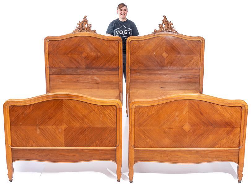 Pair of Single Beds: Provenance: An Alamo Heights, TX Estate French Provincial-style, carved mantle, European mattress size 59” tall x 45” wide x 75" long/ Each