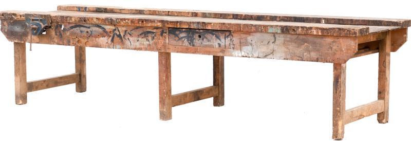 10' Rustic Work Table: Rustic work table with grinder, circa 1880, with drawers, spray paint remnants 34" tall x 121" long x 47" wide In-House Shipping & Delivery NOT available on this item. Please contact a third party to