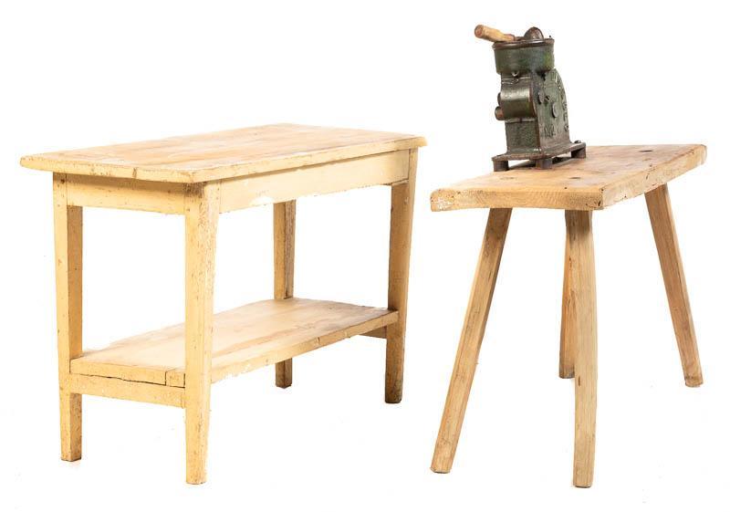 Pair of Work Tables: Pair of rustic work tables, one with metal grinder, circa 1900 22" tall x 33" wide x 15" deep/ Largest State-wide delivery is available for this item. Please email shipping@vogtauction.com or call 210