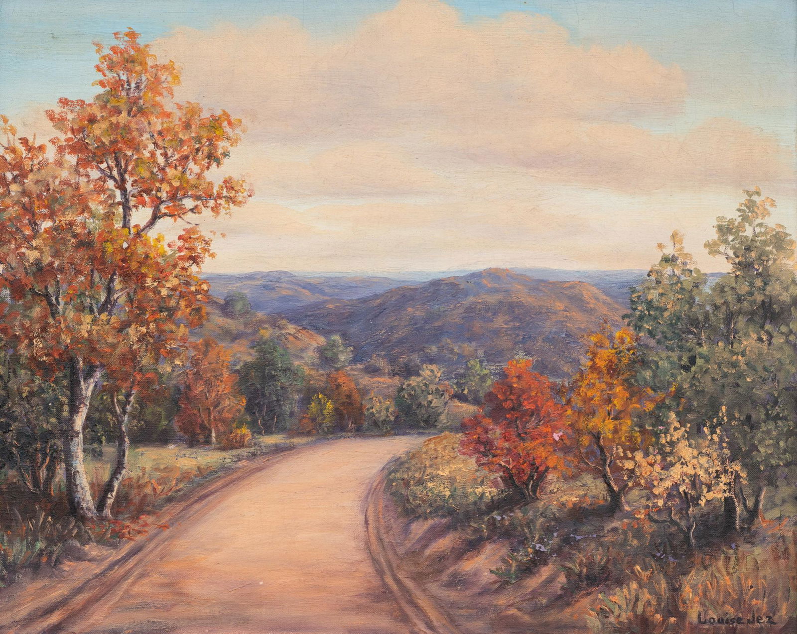 Louise Jez (1897-1981),, Autumn Dirt Road: Louise Jez (1897-1981), Autumn Dirt Road, oil on canvas, framed sight: 16" x 20", frame: 19.5" x 23.5" Condition: Several losses throughout the piece, craquelure throughout skyline, damage t