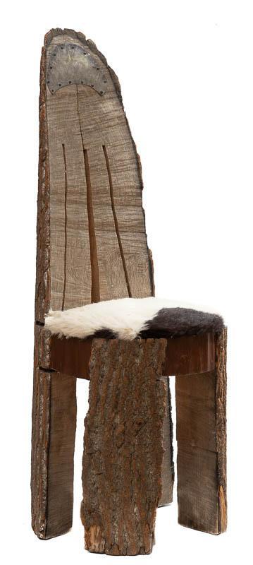 Live Edge and Cow Hide Chair: Rustic live edge pine chair with cow hide seat 35.5" tall x 13.5" wide x 12" deep State-wide delivery is available for this item. Please email shipping@vogtauction.com or call 210-822-6155 for a quote
