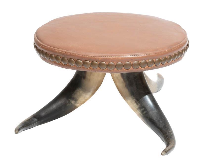 After Wenzel Friedrich (1827-1902), Horn Foot Stool: After Wenzel Friedrich (1827-1902), horn foot stool, leather cushion with stud accents 7.5" tall x 18" wide