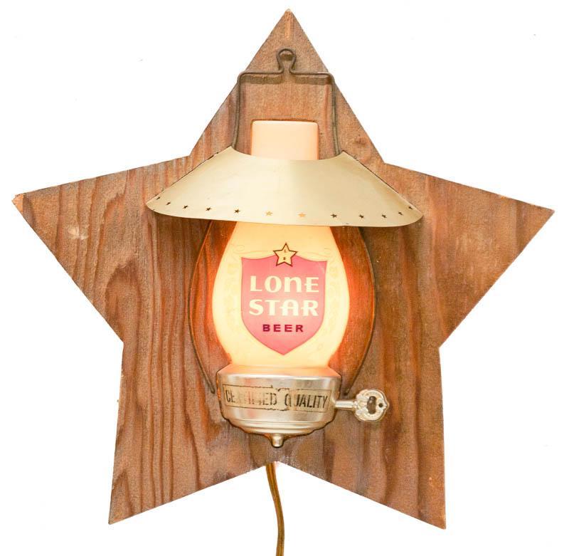 Lone Star Beer Oil Lamp Plaque: Provenance: A San Antonio, TX Estate Vintage Lone Star Beer oil lamp plaque, wooden frame, backlight accents, oil lamp motif 16" tall x 16" wide x 5" deep