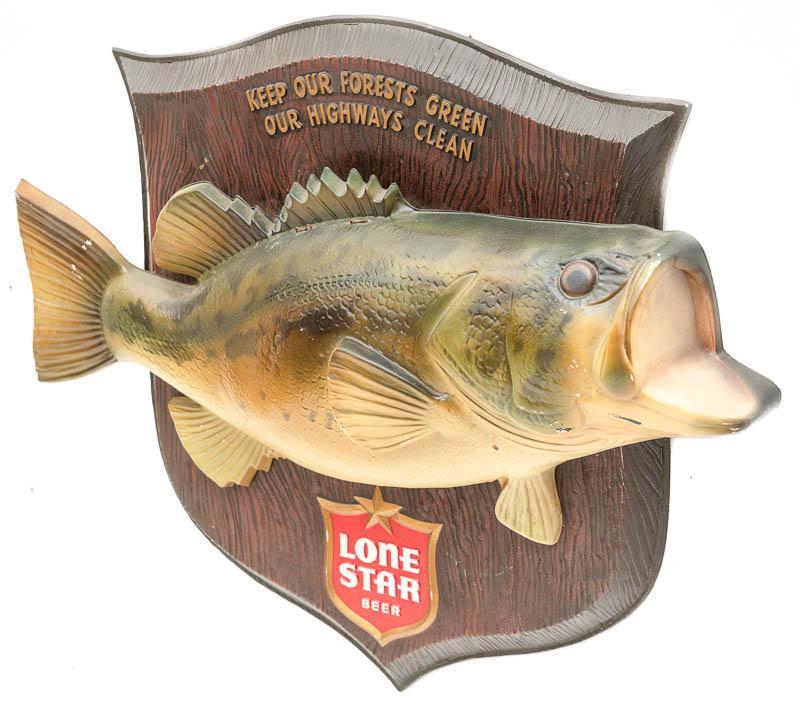 Lone Star Beer Promotional Bass Display: Provenance: A San Antonio, TX Estate Vintage Lone Star Beer promotional bass fish display, "Keep our forests green our highways clean" 18.5" tall x 22.5" wide x 5" deep