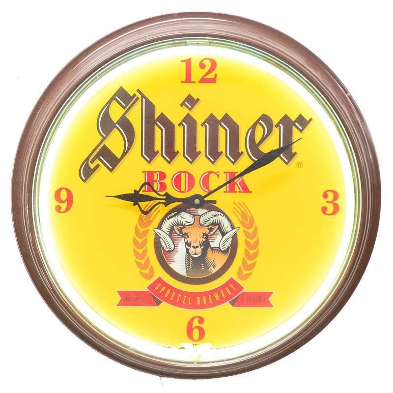 Shiner Bock Beer Neon Clock: Provenance: A San Antonio, TX Estate Vintage Shiner Bock beer neon wall clock 18" diameter x 4" deep