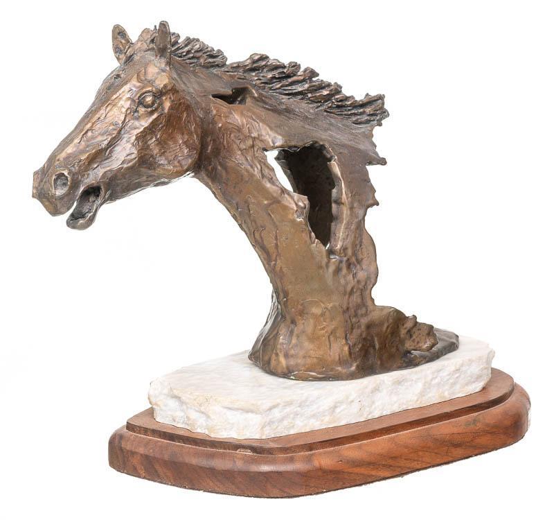 Bronze Horse Statue: Bronze horse head statue, signed, artist signature is illegible, wooden and limestone base 9" tall x 12.5" wide x 5" deep