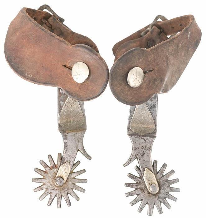 O. Crockett Spurs: Provenance: An Alamo Heights, TX Estate Pair of vintage O. Crockett spurs, leather straps, 16-points